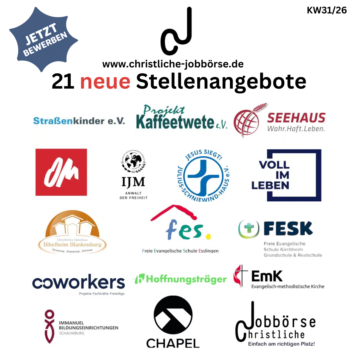 21 „Stellenangebote der Woche“ KW31/26 Jobs der Woche 3126